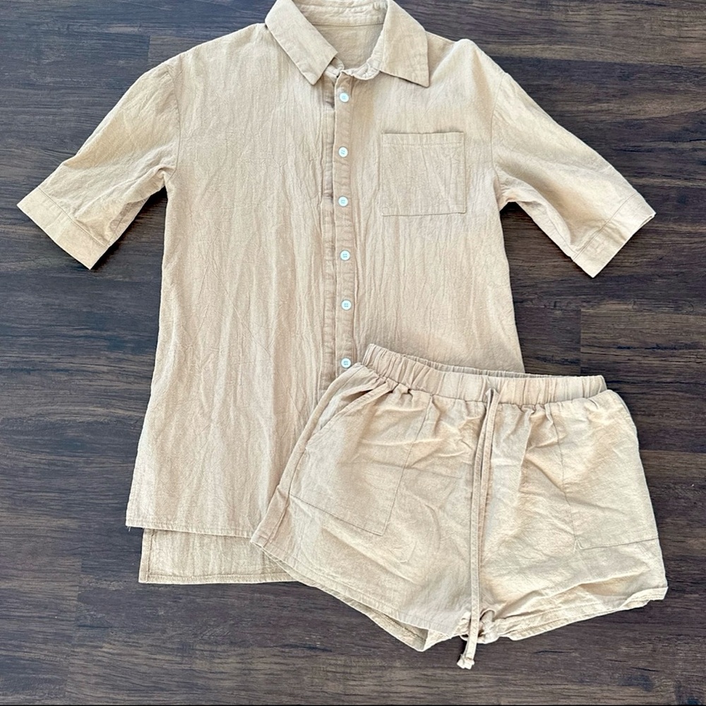 Casual 2 Piece sets Short Sleeve Button Down Shirt High Waist Drawstring Short